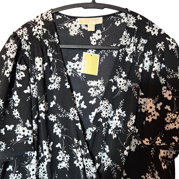 Michael Kors Floral Flutter Sleeve Mini Wrap Dress Black White Plus Size NWT - Picture 6 of 14